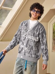 Whitmere ANDREILEE Men's Casual Loose Fit V-Neck Letter Print Long Sleeve Sweater, Versatile Street Style Pullover Cardigan, Suitable For Spring, Autumn And Winter - Grey - View 1