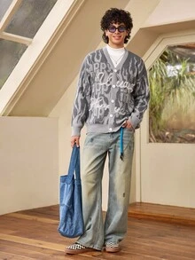 Whitmere ANDREILEE Men's Casual Loose Fit V-Neck Letter Print Long Sleeve Sweater, Versatile Street Style Pullover Cardigan, Suitable For Spring, Autumn And Winter - Grey - View 3