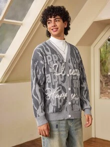 Whitmere ANDREILEE Men's Casual Loose Fit V-Neck Letter Print Long Sleeve Sweater, Versatile Street Style Pullover Cardigan, Suitable For Spring, Autumn And Winter - Grey - View 6