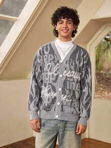 Whitmere ANDREILEE Men's Casual Loose Fit V-Neck Letter Print Long Sleeve Sweater, Versatile Street Style Pullover Cardigan, Suitable For Spring, Autumn And Winter - Grey - View 5