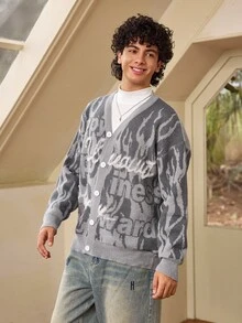 Whitmere ANDREILEE Men's Casual Loose Fit V-Neck Letter Print Long Sleeve Sweater, Versatile Street Style Pullover Cardigan, Suitable For Spring, Autumn And Winter - Grey - View 4