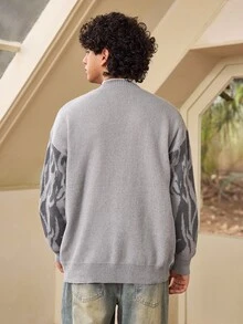 Whitmere ANDREILEE Men's Casual Loose Fit V-Neck Letter Print Long Sleeve Sweater, Versatile Street Style Pullover Cardigan, Suitable For Spring, Autumn And Winter - Grey - View 2