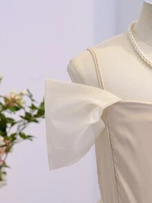 Back To School Beige Mesh Chiffon Elegant Princess Flower Girl Dress For Wedding Party Autumn Fall - Apricot - View 6