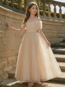 Back To School Beige Mesh Chiffon Elegant Princess Flower Girl Dress For Wedding Party Autumn Fall - Apricot - View 3