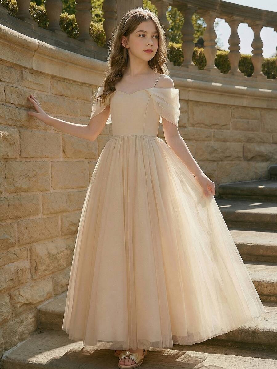 Back To School Beige Mesh Chiffon Elegant Princess Flower Girl Dress For Wedding Party Autumn Fall