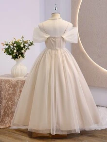 Back To School Beige Mesh Chiffon Elegant Princess Flower Girl Dress For Wedding Party Autumn Fall - Apricot - View 4