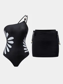 Bonvoyette Women's Spring/Summer Vacation Printed Black One-Shoulder Beaded One-Piece Swimsuit With Matching Skirt - Black and White - View 4