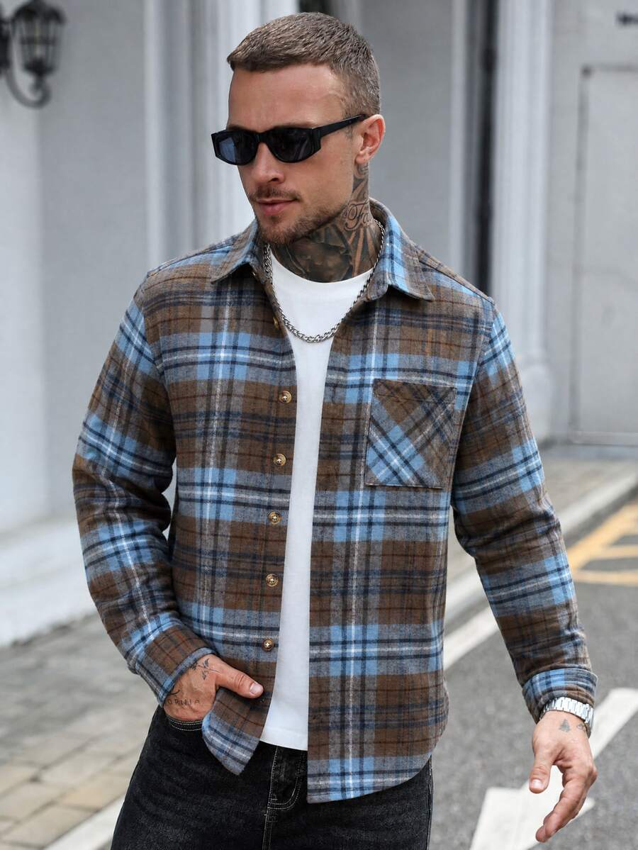 EGENSIO 男士格紋長袖口袋前開鈕扣襯衫外套 - 咖啡棕 - 查看 1