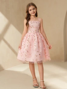 SHEIN 少女可愛休閒粉色碎花夏季細肩帶網紗洋裝，花童婚禮、晚宴、宴會、表演、生日、露肩 - 粉色 - 查看 5