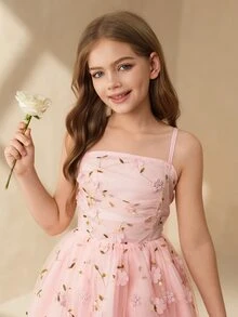 SHEIN 少女可愛休閒粉色碎花夏季細肩帶網紗洋裝，花童婚禮、晚宴、宴會、表演、生日、露肩 - 粉色 - 查看 8