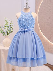 Tween Girl Blue 3D Floral Decor Halter Neck Summer Dress Autumn Fall - Blue - View 4