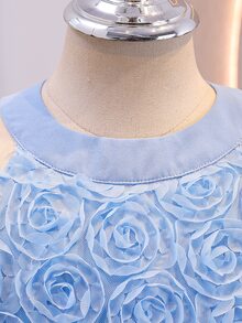 Tween Girl Blue 3D Floral Decor Halter Neck Summer Dress Autumn Fall - Blue - View 6