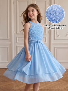 Tween Girl Blue 3D Floral Decor Halter Neck Summer Dress Autumn Fall - Blue - View 2