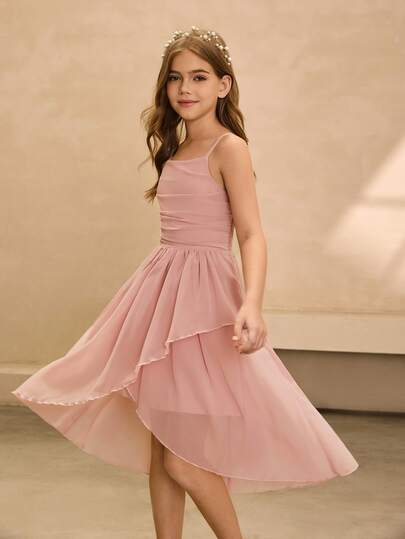 Tween Girls Elegant Luxurious Dusty Pink Spaghetti Strap Off Shoulder Mid-Length Dress,Summer Bridesmaid Wedding Guest Birthday Party Flower Girl
