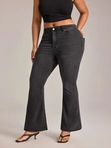 YARNWELL Plus Size Women's Casual Daily Flare Pants With Pockets And Buttons - Black - View 4