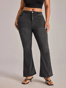 YARNWELL Plus Size Women's Casual Daily Flare Pants With Pockets And Buttons - Black - View 6