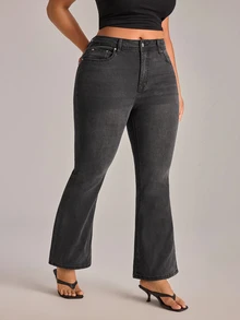 YARNWELL Plus Size Women's Casual Daily Flare Pants With Pockets And Buttons - Black - View 1
