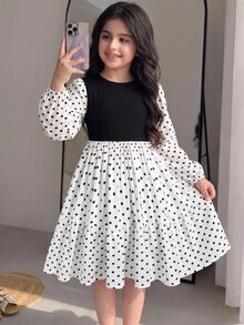 SHEIN 兒童青少年女孩波點印花燈籠袖兩件式連身裙 - 黑與白 - 查看 2