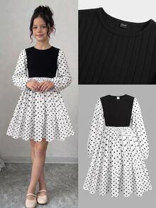 SHEIN 兒童青少年女孩波點印花燈籠袖兩件式連身裙 - 黑與白 - 查看 6