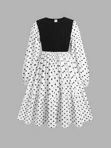 SHEIN 兒童青少年女孩波點印花燈籠袖兩件式連身裙 - 黑與白 - 查看 4