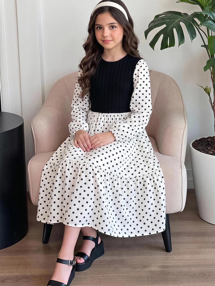 SHEIN Gaun 2 in 1 Lengan Lentera Motif Polkadot untuk Anak Perempuan Remaja - Hitam dan Putih - View 5