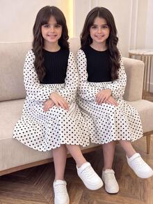 SHEIN 兒童青少年女孩波點印花燈籠袖兩件式連身裙 - 黑與白 - 查看 1
