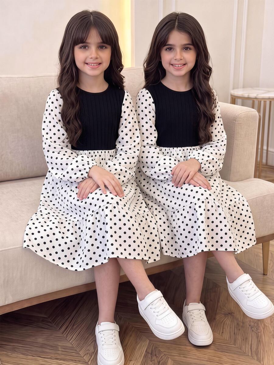 SHEIN 兒童青少年女孩波點印花燈籠袖兩件式連身裙 - 黑與白 - 查看 1