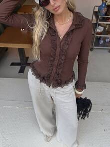 SHEIN Frenchy Atasan Cardigan Wanita Gaya Jalanan Prancis Romantis Elegan dengan Patchwork Renda, Warna Cokelat Kopi, Bergaris Polos, Kerah Tegak, Lengan Panjang, Hiasan Selada, Potongan Slim Fit - Coklat - View 6