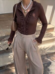 SHEIN Frenchy Atasan Cardigan Wanita Gaya Jalanan Prancis Romantis Elegan dengan Patchwork Renda, Warna Cokelat Kopi, Bergaris Polos, Kerah Tegak, Lengan Panjang, Hiasan Selada, Potongan Slim Fit - Coklat - View 4