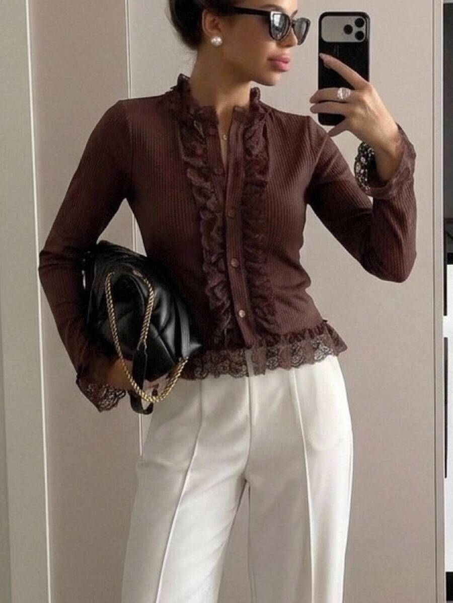 SHEIN Frenchy Atasan Cardigan Wanita Gaya Jalanan Prancis Romantis Elegan dengan Patchwork Renda, Warna Cokelat Kopi, Bergaris Polos, Kerah Tegak, Lengan Panjang, Hiasan Selada, Potongan Slim Fit - Coklat - View 1