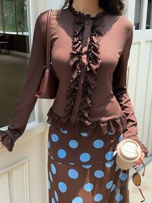 SHEIN Frenchy Atasan Cardigan Wanita Gaya Jalanan Prancis Romantis Elegan dengan Patchwork Renda, Warna Cokelat Kopi, Bergaris Polos, Kerah Tegak, Lengan Panjang, Hiasan Selada, Potongan Slim Fit - Coklat - View 3