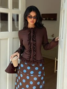 SHEIN Frenchy Atasan Cardigan Wanita Gaya Jalanan Prancis Romantis Elegan dengan Patchwork Renda, Warna Cokelat Kopi, Bergaris Polos, Kerah Tegak, Lengan Panjang, Hiasan Selada, Potongan Slim Fit - Coklat - View 8