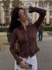 SHEIN Frenchy Atasan Cardigan Wanita Gaya Jalanan Prancis Romantis Elegan dengan Patchwork Renda, Warna Cokelat Kopi, Bergaris Polos, Kerah Tegak, Lengan Panjang, Hiasan Selada, Potongan Slim Fit - Coklat - View 5