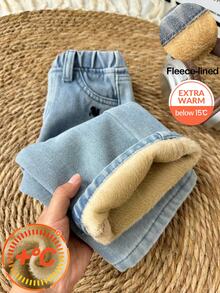 SHEIN 男嬰秋冬休閒款柔軟保暖小馬刺繡藍色丹寧牛仔褲，抓絨內裡寬鬆款，適合日常穿著保暖牛仔褲 - 淺色水洗藍 - 查看 1