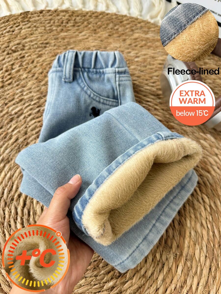 SHEIN 男嬰秋冬休閒款柔軟保暖小馬刺繡藍色丹寧牛仔褲,抓絨內裡寬鬆款,適合日常穿著保暖牛仔褲 - 淺色水洗藍 - 查看 1