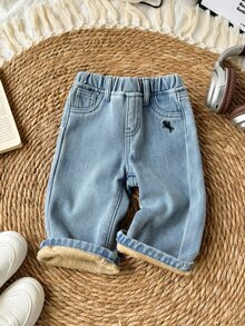 SHEIN 男嬰秋冬休閒款柔軟保暖小馬刺繡藍色丹寧牛仔褲，抓絨內裡寬鬆款，適合日常穿著保暖牛仔褲 - 淺色水洗藍 - 查看 4
