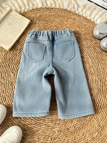 SHEIN 男嬰秋冬休閒款柔軟保暖小馬刺繡藍色丹寧牛仔褲，抓絨內裡寬鬆款，適合日常穿著保暖牛仔褲 - 淺色水洗藍 - 查看 3
