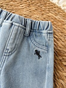SHEIN 男嬰秋冬休閒款柔軟保暖小馬刺繡藍色丹寧牛仔褲，抓絨內裡寬鬆款，適合日常穿著保暖牛仔褲 - 淺色水洗藍 - 查看 5