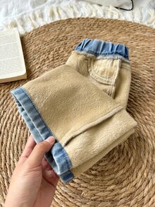 SHEIN 男嬰秋冬休閒款柔軟保暖小馬刺繡藍色丹寧牛仔褲，抓絨內裡寬鬆款，適合日常穿著保暖牛仔褲 - 淺色水洗藍 - 查看 7