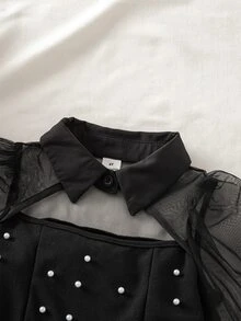 SHEIN Gaun Anak Perempuan Kasual Minimalis Nyaman Berkerah Berlubang dengan Blok Warna dan Motif Patchwork - Hitam - View 6