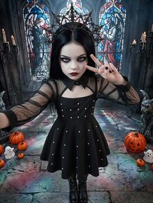 SHEIN Gaun Anak Perempuan Kasual Minimalis Nyaman Berkerah Berlubang dengan Blok Warna dan Motif Patchwork - Hitam - View 1