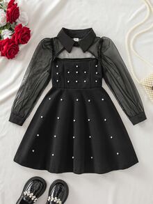 SHEIN Gaun Anak Perempuan Kasual Minimalis Nyaman Berkerah Berlubang dengan Blok Warna dan Motif Patchwork - Hitam - View 4