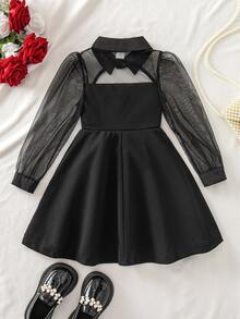 SHEIN Gaun Anak Perempuan Kasual Minimalis Nyaman Berkerah Berlubang dengan Blok Warna dan Motif Patchwork - Hitam - View 5