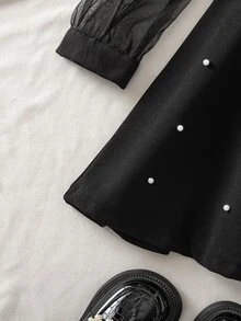 SHEIN Gaun Anak Perempuan Kasual Minimalis Nyaman Berkerah Berlubang dengan Blok Warna dan Motif Patchwork - Hitam - View 7