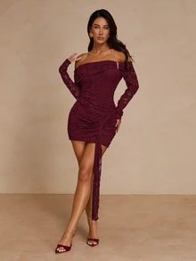 Glamine Women's Cold Shoulder Tight Dress Sexy Lace Long Sleeved Burgundy Ruffled Slim Mini Party Night Out Date Night Wrap Skirt Halloween Autumn - Red - View 6