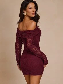 Glamine Women's Cold Shoulder Tight Dress Sexy Lace Long Sleeved Burgundy Ruffled Slim Mini Party Night Out Date Night Wrap Skirt Halloween Autumn - Red - View 2