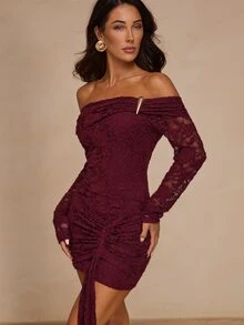 Glamine Women's Cold Shoulder Tight Dress Sexy Lace Long Sleeved Burgundy Ruffled Slim Mini Party Night Out Date Night Wrap Skirt Halloween Autumn - Red - View 4