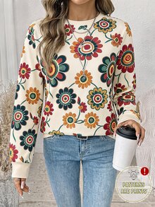 SHEIN LUNE 女款休閒圓領復古花卉長袖運動衫，適合秋冬穿著 - 白色 - 查看 1