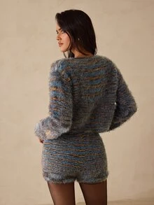 Glamine Tie-Dye Plush Round Neck Button Long Sleeve Top And Shorts 2 Pieces Set - Multicolor - View 2