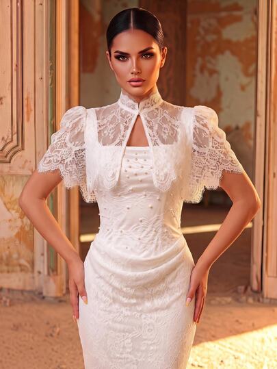 Aureia Elegant Luxury Lace Embroidered Strapless Shawl Collar Fishbone Corset Bodycon Long Train Evening Gown, Wedding Guest Dress, White Autumn